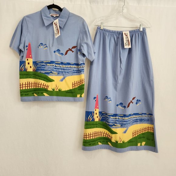 Kaktus Tops - Vintage KAKTUS Fairy Artsy Blue Printed Novelty Set of Two T-Shirt/Skirt Size L.